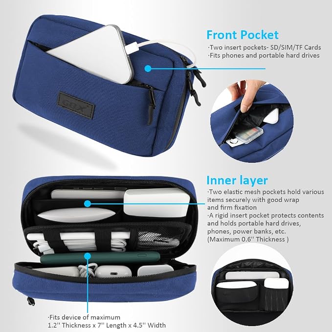 GOX Travel Cable Organizer Bag, Medium Tech Pouch for Electronics, Navy | Two Zippers & Multiple Storage Pockets, Water-Repellent Oxford, All-in-One Tech Bag for Electronic & Travel Accessories - Image 5