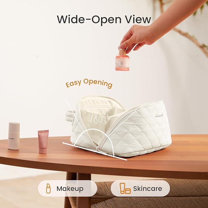 LOVEVOOK Travel Makeup Bag for Women, 2Pcs Puffer Waterproof Cosmetic Organizer, Large Capacity Pouch Open Flat Small Toiletry Bag with Brush Compartment & Handle (Off-white, Medium) - Image 2