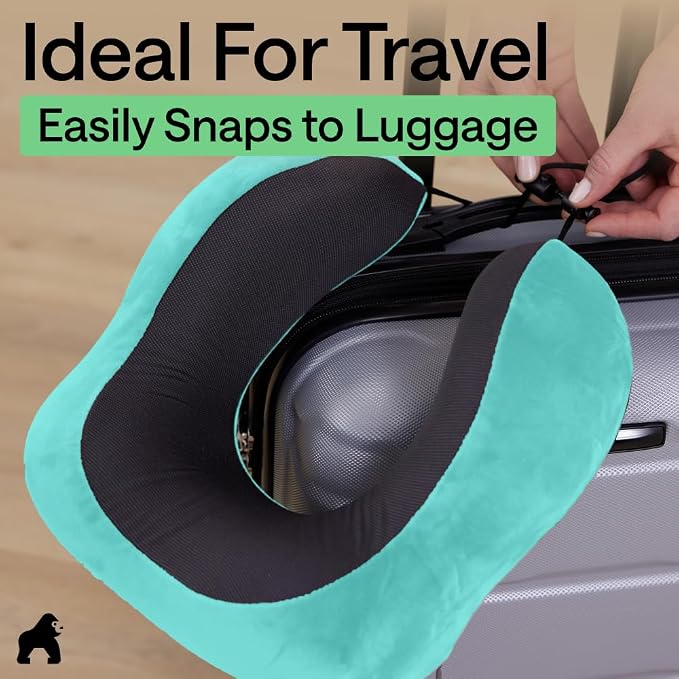 GORILLA GRIP Adjustable Travel Neck Pillow for Airplanes, CertiPUR-US® Memory Foam, Soft Velvet, Cooling Mesh Pillows, Support Headrest for Sleeping, Traveling Essentials, Flight Accessories Turquoise - Image 9