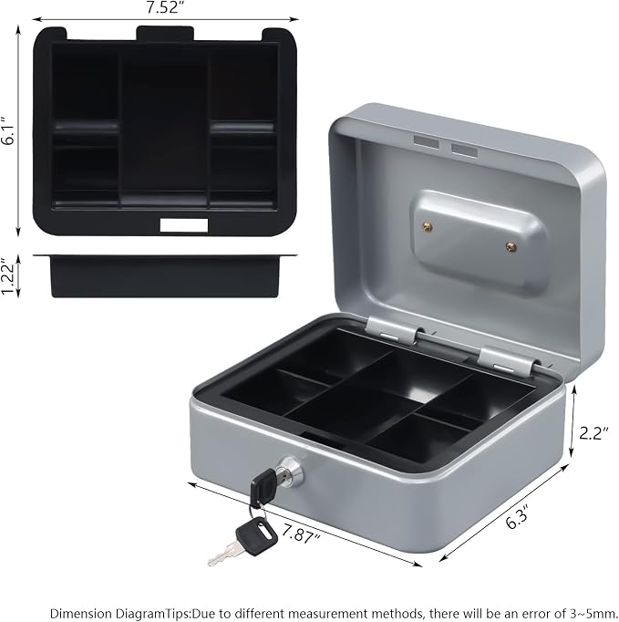 KYODOLED Medium Cash Box with Money Tray,Small Safe Lock Box with Key,Cash Drawer,7.87"x 6.30"x 3.54" Lightgrey Medium - Image 5