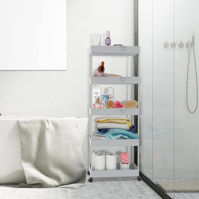 SPACEKEEPER 5 Tier Storage Rolling Cart, Bathroom Cart with Wheels, Gray | Mobile Storage Cart for Laundry Room Organization,Kitchen,Office,Bathroom, Utility Cart for Snack,Craft,Art,Makeup,Nail,Toys - Image 5