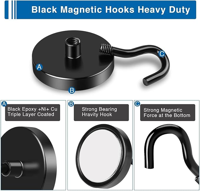 LOVIMAG Magnetic Hooks for Cruise Cabins, 130LBS, 12Pack | Heavy Duty Neodymium Magnet with Hook Essentials for Classroom, Fridge, Ceiling, Hanger, Black - Image 3