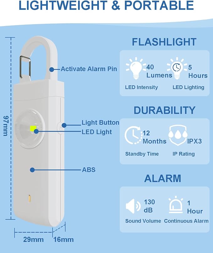 Rechargeable Personal Safety Alarm for Women, Loud Siren Birdie Sound, Strobe SOS LED Light, USB Charging, Be Safe with Personal Alarm Self Defense Keychain for Wife, Daughter, Student, White - Image 5