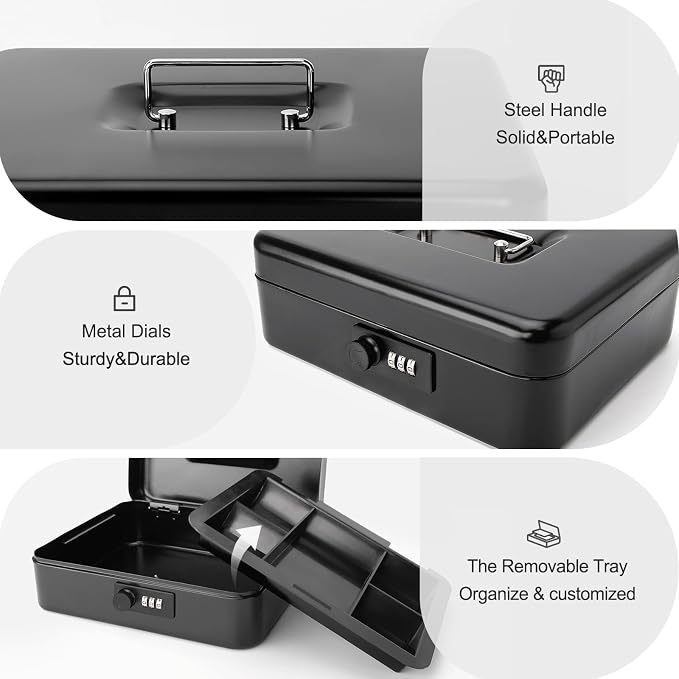 Jssmst Large Cash Box with Combination Lock – Durable Metal Cash Box with Money Tray Black(9.8 x 7.9 x 3.5), SM-CB07001L - Image 3