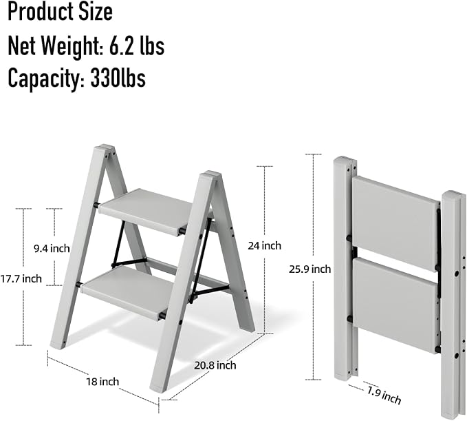 Mayi Plus 2 Step Stool Foldable, Aluminum, Lightweight Step Ladder | Extra-wide anti-slip folding steps with 330 lbs, for home,kitchen,office,outdoor,Grey - Image 6