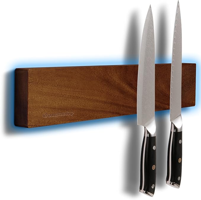 Magnetic Knife Strip 12”, Acacia Wood Knife Holder for Wall Mount | No Drill for Fridge, Dual-Row Magnet Hold 6 Knives & Heavy Cleaver, 3M Tape & Screw Mount, Kitchen Knife & Utensil Organizer by Gourmetop