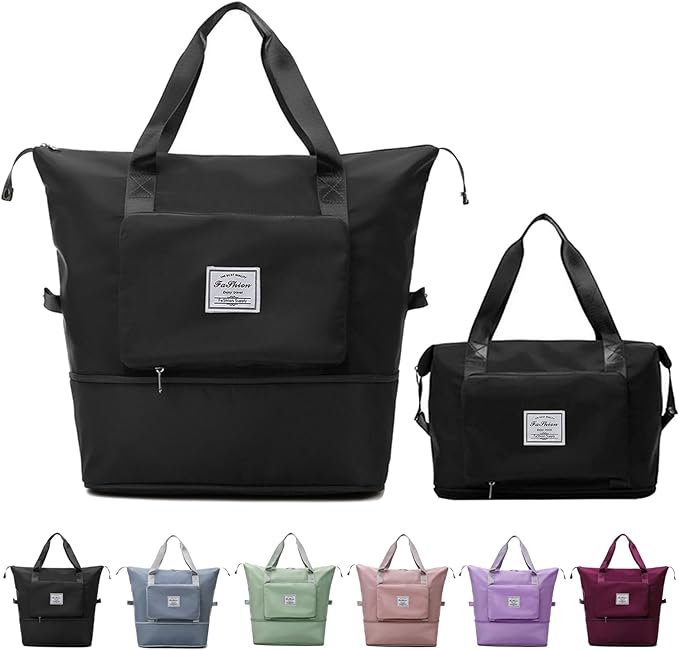 Large Capacity Folding Travel Bag, Lightweight Waterproof Luggage Bag, Expandable Travel Duffel Bag, Dry Wet Separated Gym Tote Bag, Weekender Overnight Bag for Women and Man (Black) by DOJUNS