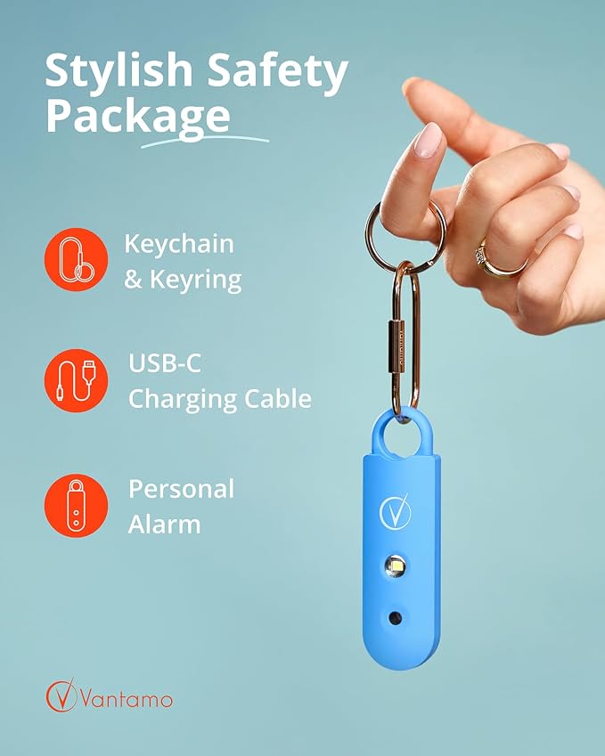 Vantamo Personal Alarm for Self Defense with Low Battery Notice, Strobe Light & Extra Loud 130 dB Double Speakers Safety Keychain Set for Women, Rechargeable Panic Button for Womens Self Defense - Image 5