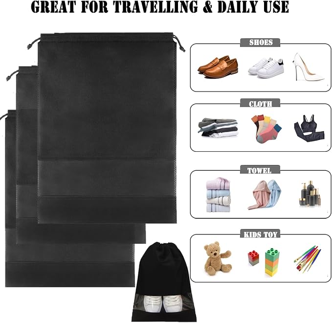 YMCCOOL 12pcs Non-woven Shoe Bags for Travel 12.6" X 17.3" Portable Shoe Bags with Clear Window, Large Drawstring Dustproof Travel Shoe Storage Bag for Men & Women, Black,XL Size - Image 4