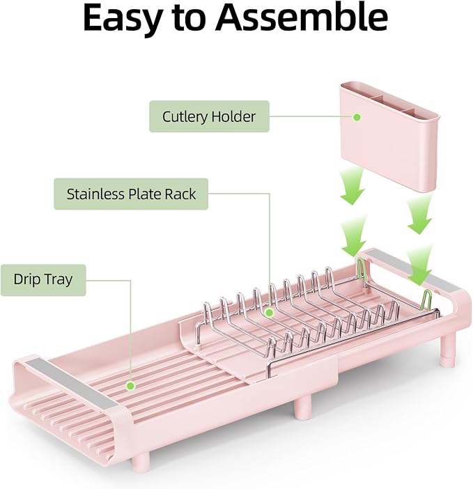 TOOLF Small Dish Drying Rack, Expandable and Space-Saving, Pink | Mini Dish racks for kitchen counter, Compact Design Fits Sink or Counter, Stainless Steel Plate Rack, 11"-19.3"L×7.7"W×3.54"H - Image 7