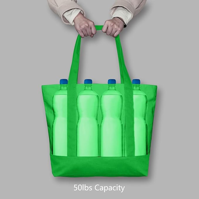 TOPDesign 1-Pack Canvas Tote Bag with an External Pocket, Reusable Grocery Shopping Bag, Top Zipper Closure, Daily Essentials (Lime Green) - Image 6