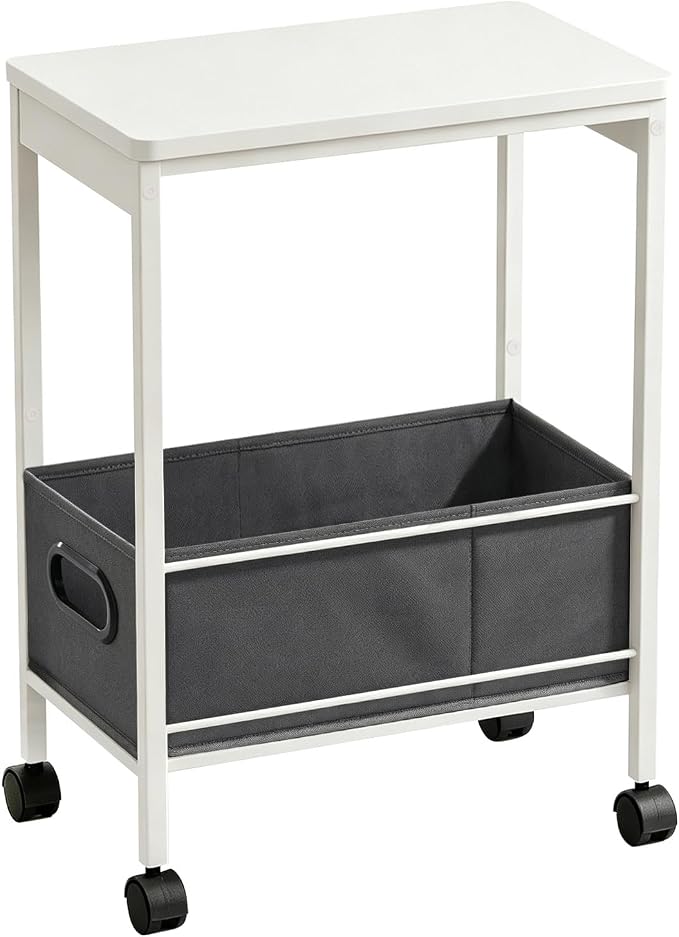 Slim Rolling Side Table with Basket, Narrow Storage Cart on Wheels for Sofa | Rolling side table with basket for living room, bedroom | Holds lamp, plants | Wood-metal shelf | Nightstand, printer stand by DEILALY