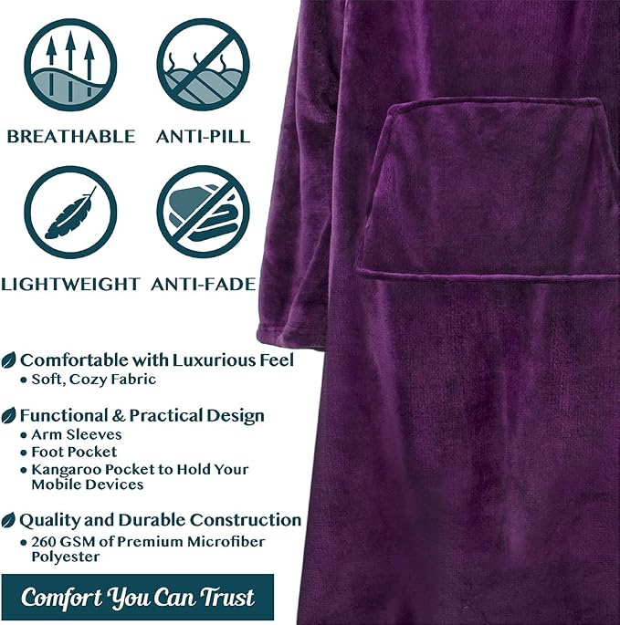 PAVILIA Fleece Blanket with Sleeves, Foot Pockets for Women Men Adults, Plush Wearable Blanket Throw Wrap, Warm Snuggle Blanket Robe, Cozy Gift Ideas Wife Mom, Dark Purple - Image 4