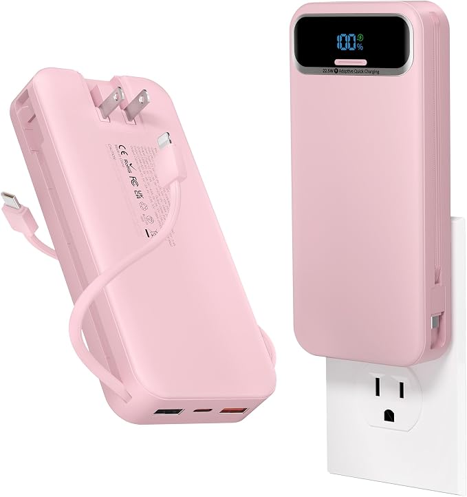 aonidi Portable Charger 20000mAh with Built-in Cables&AC Wall Plug, Pink | PD20W Fast Charging,Travel Essential,TSA Approved,LED Display,All in One USB C Power Bank for All Cell Phones Devices by AONIDI