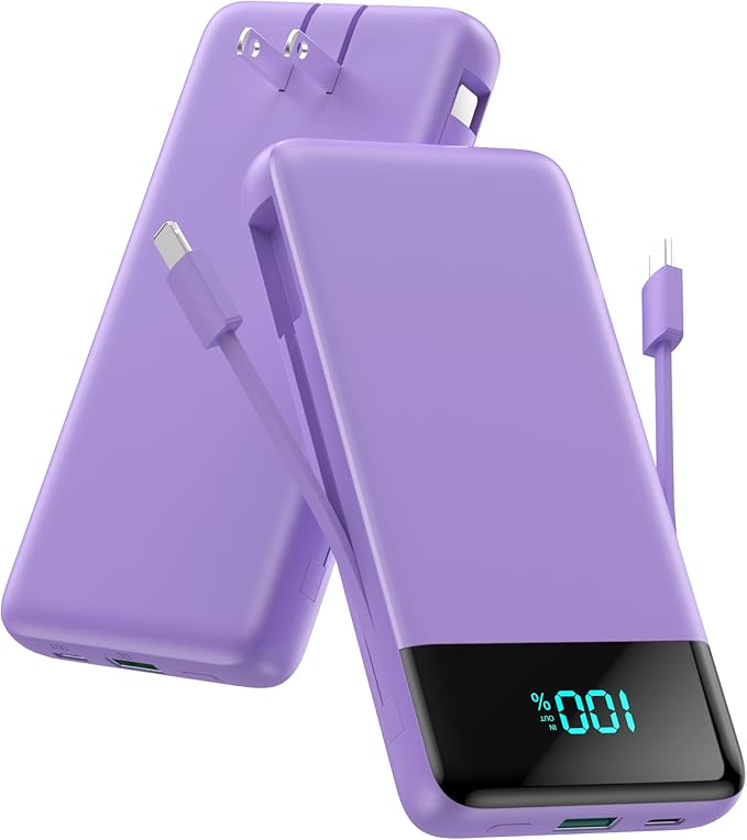 Portable Charger for iPhone,13800mAh Slim Power Bank with Built-in Cables & AC Wall Plug,All in One 4 Outputs USB C Fast Charging Battery Pack for iPhone 17/16/15/14,Android,Travel Essential (Purple) by AONIMI