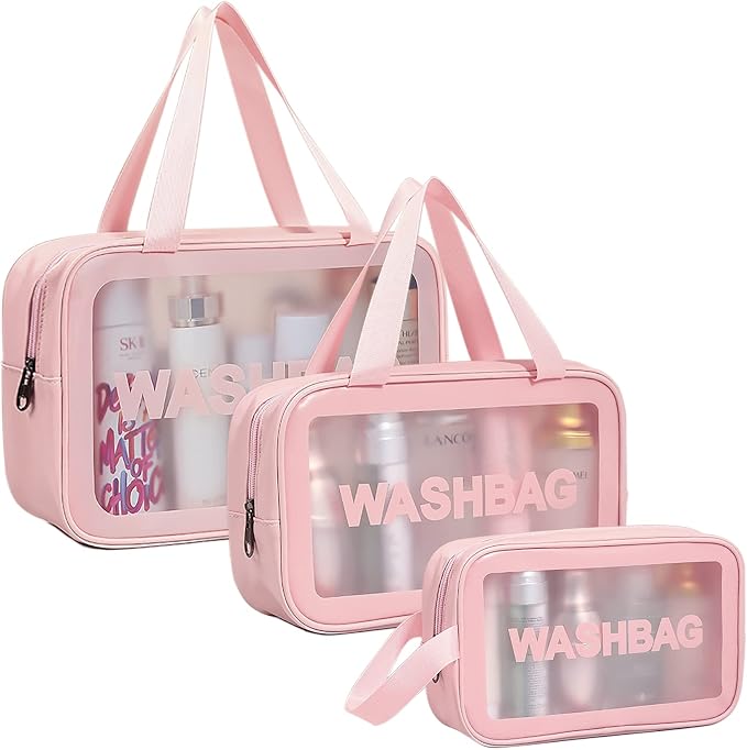DAPOWER Travel Toiletry Bag for Women, Matte Translucent Shower Bag with Handy Handle, Makeup Cosmetic Organizer Bag for Travel Toiletries Accessories (Pink) by DAPOWER
