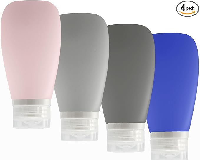 Travel Bottles for Toiletries, TSA Approved 3oz (90ml) Leak Proof Silicone Refillable Squeeze Travel Size Containers BPA Free for Cleansers, Lotions, Shampoo 4pk color (P,G,Blk,Blue) by Lyob