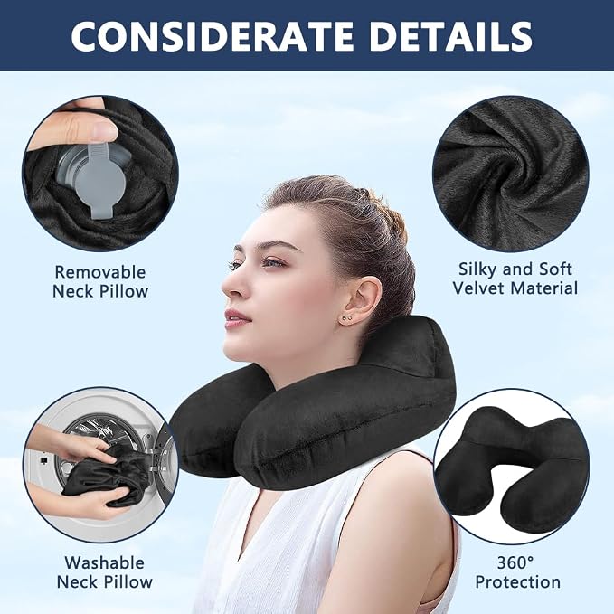 flintronic 2PCS Inflatable Travel Pillow, Inflatable Travel Pillow for Airplane, Soft Velvet Neck Support, Lightweight Ergonomic Sleeping Neck Pillow for Airplane, Car, Train, Office, Camping - Image 3