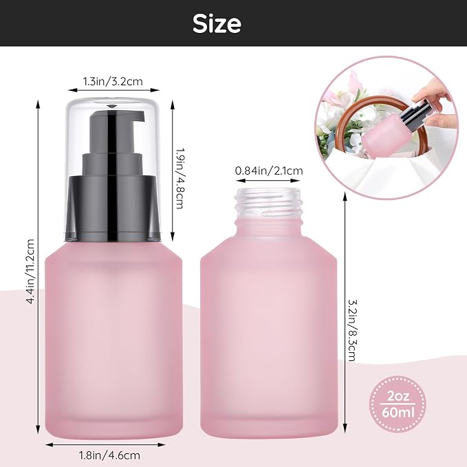 Segbeauty 2oz Frosted Glass Refillable Pump Bottles for Toiletries, 3pcs Travel Size Empty Bottles with Pumps for Foundation, 60ml Pink Travel Containers for Oils Bottle Dispenser Liquid Containers - Image 3