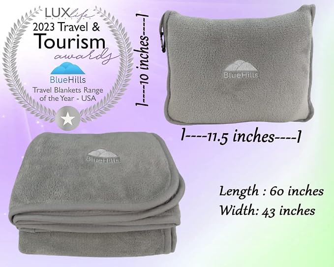 BlueHills Travel Blanket Pillows for Two Airplane Traveling Essentials Flight Throws in Bag case with Backpack Clip Compact Large Plane Accessories – Light Gray and Light Pink - Image 4