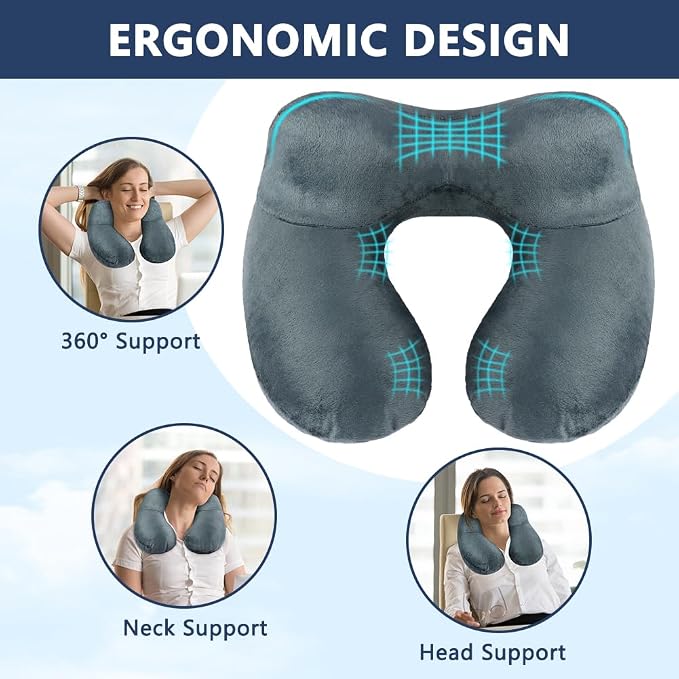 flintronic Inflatable Travel Pillow, Inflatable Travel Pillow for Airplane, Soft Velvet Neck Support, Lightweight Ergonomic Sleeping Neck Pillow for Airplane, Car, Train, Office, Camping (Grey) - Image 6