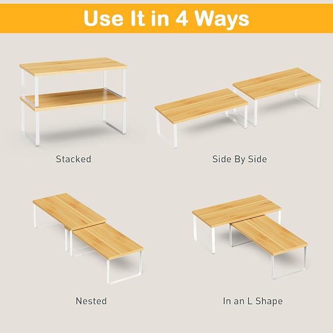 OGEMXU Cabinet Shelf Organizers, 15.7 inches Large Kitchen Counter Shelf, Set of 2 Wood Kitchen Pantry Organizer, Storage Shelves for Countertop, Spice Rack, Stackable, Expandable, Metal White, Nature - Image 7