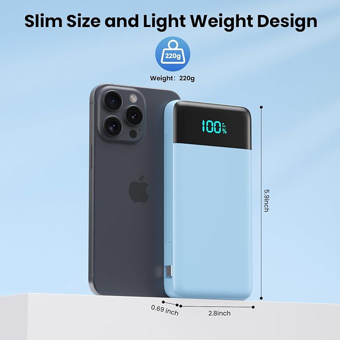 Portable Charger with Built-in AC Plug and Cables,13800mAh All in One USB C Fast Charging Power Bank,Travel Essentials Portable Phone Charger Battery Pack for iPhone 17/16/13,Galaxy,Android-Light Blue - Image 5