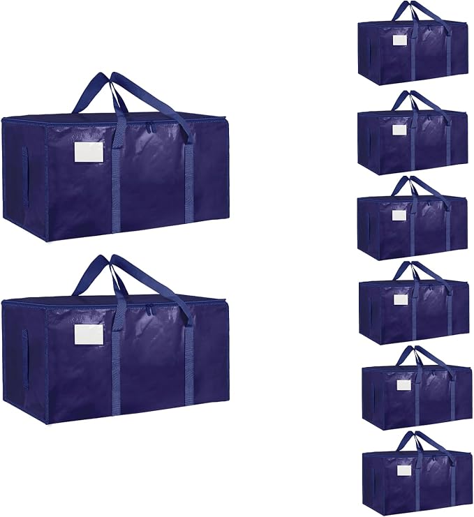 8 Pack-Extra Large Heavy Duty Moving Bags - Waterproof Storage Totes with Handles & Zippers, Foldable for College Dorm, Storage (Dark Blue) by Unknown