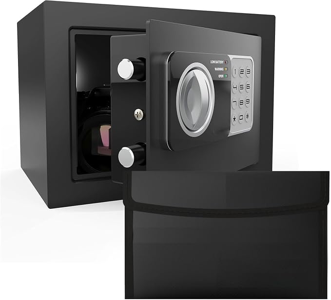 Small safe box with Fireproof Bag,Kids mini safe for money, coin safes for home with code,key，0.236 Cubic Feet,Black with Fireproof Bag by VAULITSAFE