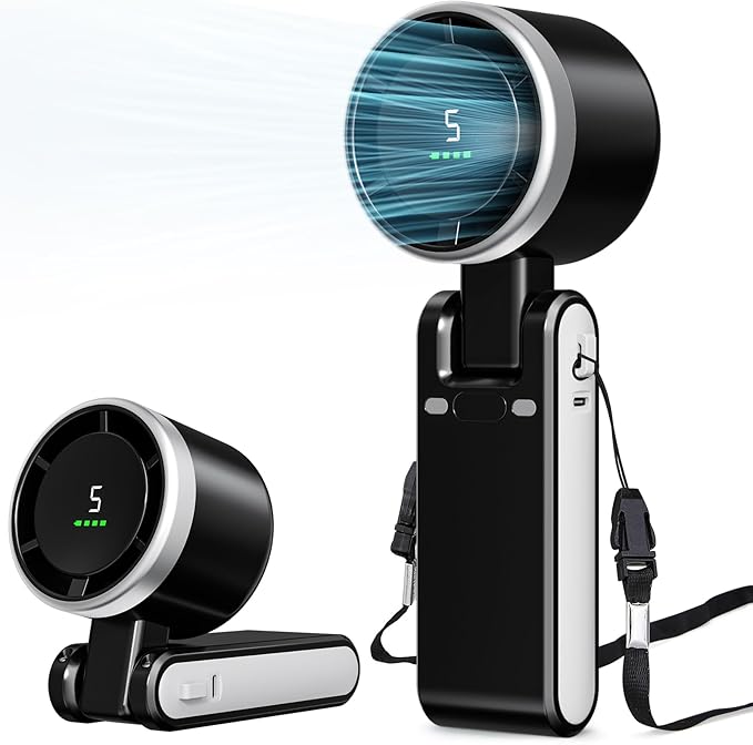 Portable Fan, Mini Fan, Handheld Turbo Fan, Portable Rechargeable Fan, 5-Speed, LED Display, Foldable Design (Black) by Unknown
