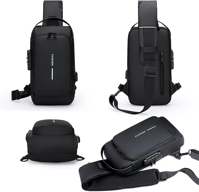 Anti-Theft Sling Bag for Men Waterproof Crossbody Bag with Combination Lock & USB Charging Port Lightweight Chest Backpack for Travel Hiking (All Black) - Image 3
