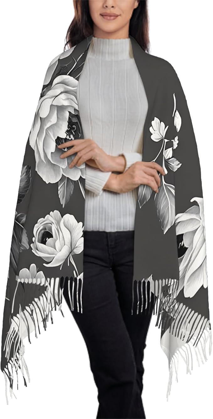 IBILIU Oversize Scarf for Women Floral Flower Purple Prune Color Scarf Tassel Scarves Fall Winter Shawl Wraps - 77.6 x 28.3in - Image 3
