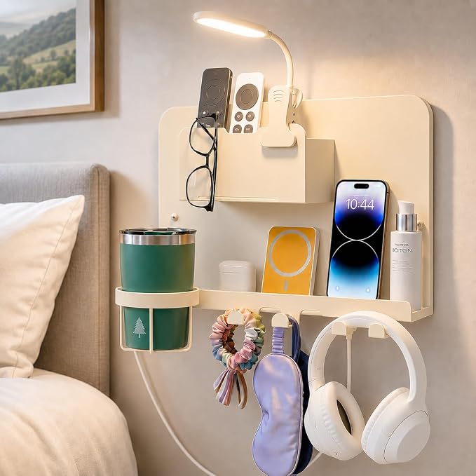 Floating Bedside Wall Shelf, Metal Wall Organizer with Detachable Cup Holde | No Drill Floating Wall Mounted Storage for Bedroom, Dorm, Loft Bed, Bunk Bed & Small Space Organization by ODCPN