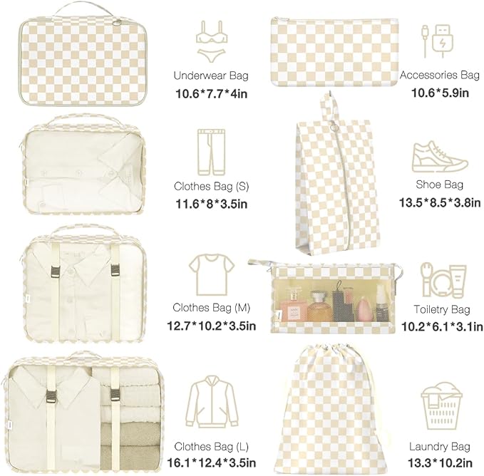 8 Set Packing Cubes for Suitcases,Packing Cube with Shoe, Cosmetics, Clothing, and Accessories Bags Packing Cubes for Travel Luggage Organizer Women Men(Khaki Checkered) - Image 2