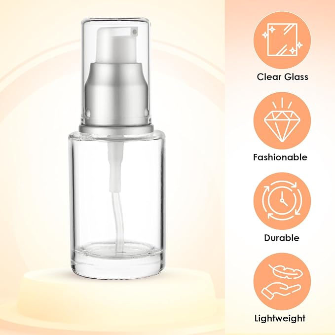 Clear Glass Pump Bottle (6-Pack) 1 Oz 30ml - Refillable, Silver Cap | Luxury, Lotion, Serum, Foundation, Body Cream, Sanitizer, Cosmetics, Travel - Image 4