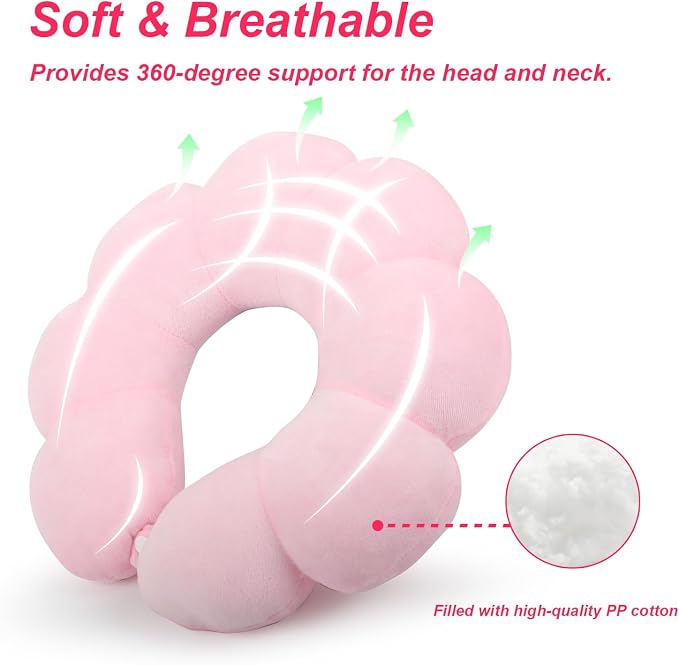 Sexysamba Flower Travel Neck Pillows for Airplanes Breathable Cotton U-Shaped Neck Pillow for Kids & Adults Head Neck Chin Support Rest Pillow for Traveling,Car,Train,Bus,Recline,Home,Office,Pink - Image 3