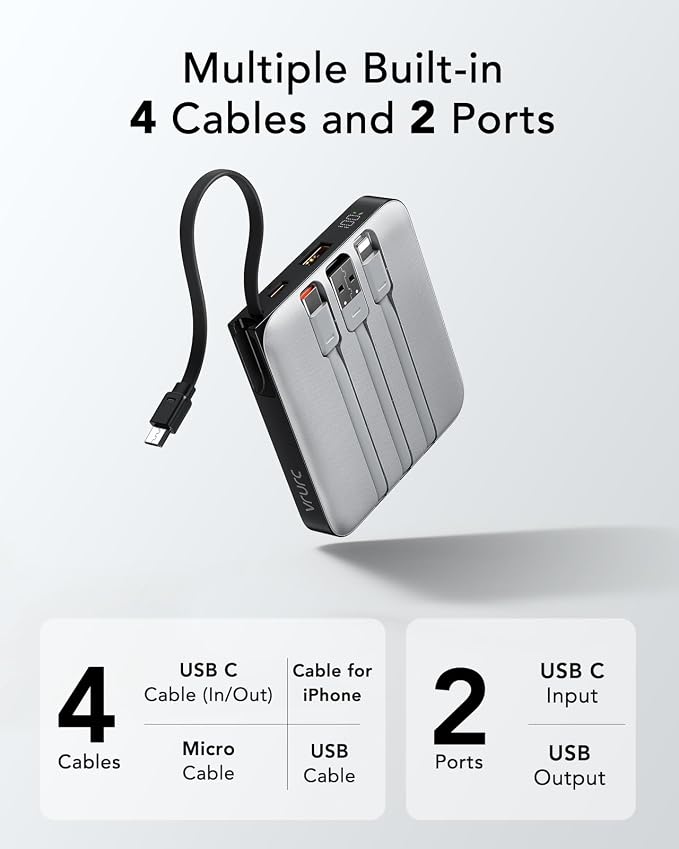 VRURC Portable Charger with Built-in Cables, 10000mAh 22.5W Fast Charging | Compact Battery Pack with LED Display, Cell Phone Power Bank for iPhone 17/16/15 Series , Samsung Galaxy & USB-C Devices,Grey - Image 2