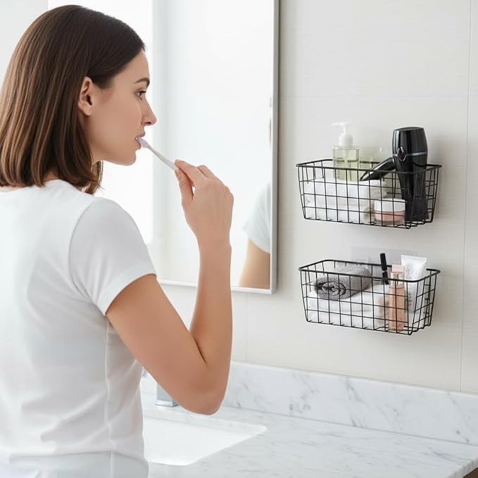 3 Set LeleCAT Adhesive Over the Cabinet Door Wire Baskets for Organizing for Kitchen Food Pantry Bathroom Shelf Storage No Drilling Wall Mounted,Black - Image 5