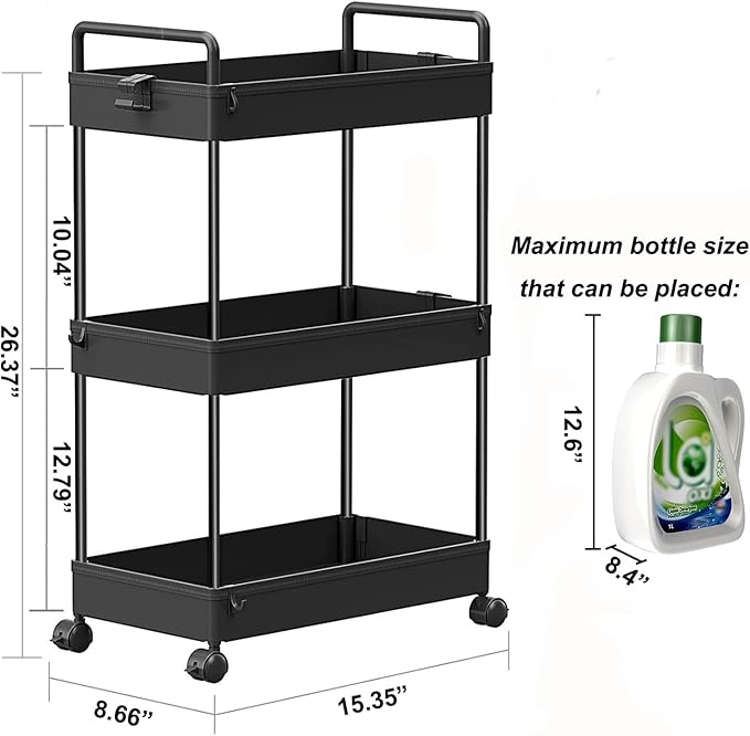 SOLEJAZZ 3 Tier Slim Rolling Storage Cart Organizer with Wheels, Black | Utility cart for bathroom, laundry, bedside, dorm&narrow spaces. Fits craft, nail, makeup, snack, art, diaper&baby essentials - Image 2