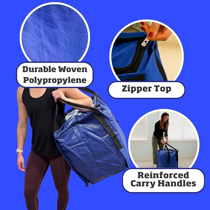 DURASACK 22-Gallon Zipper Top Heavy Duty Storage Tote Bags, 4-Pack, Blue | Rugged Woven Polypropylene Moving Bag, Reusable Self-Standing Design, Holds up to 500 Pounds - Image 5