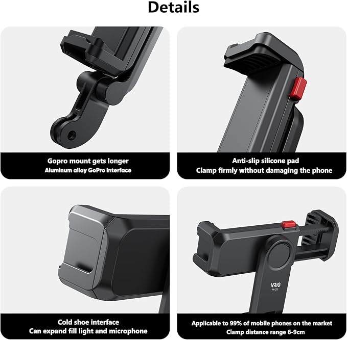 VRIG Phone Holder/Phone Mount for GoPro Adapter Hot Shoe Mount Adapter | Action Camera Phone Mount Adapter Attaching on DSLR Camera or Ring Light, for iPhone, Samsung, GoPro Hero 13, Mission 1 Pro - Image 3
