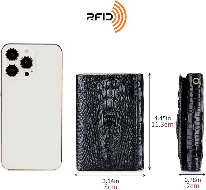 STEELLION Men's Trifold Wallet, Cowhide, 13 Card Slots, ID Window, RFID | Croc-embossed cowhide with a removable chain; practical organization for office, travel, and everyday carry (Black) - Image 3