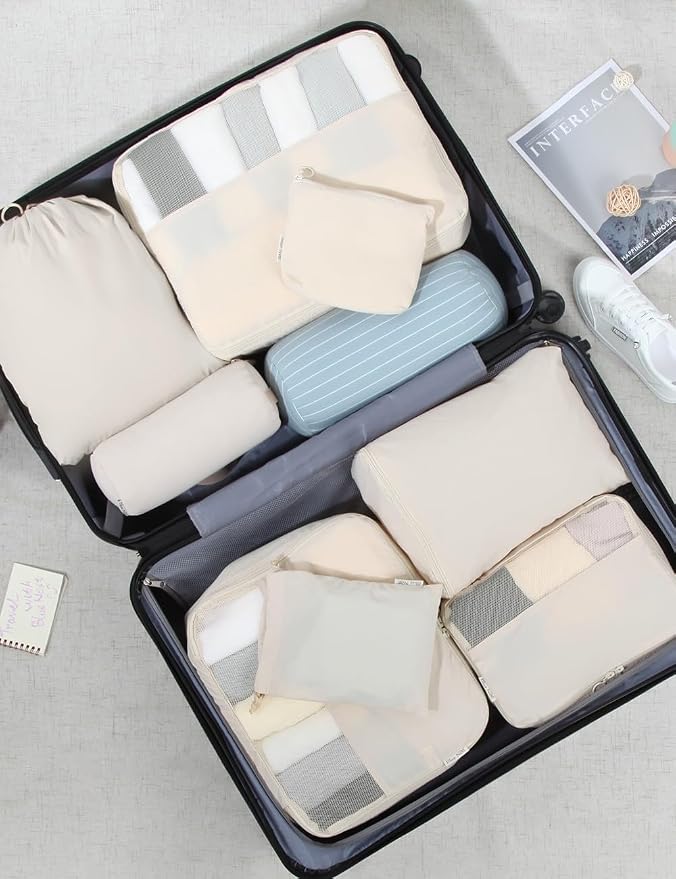 8 Pack Travel Clothes Storage Bags for Suitcase, Luggage, Home Organization, Gym, Camping – Lightweight & Durable (8, Beige, Sollid) - Image 8