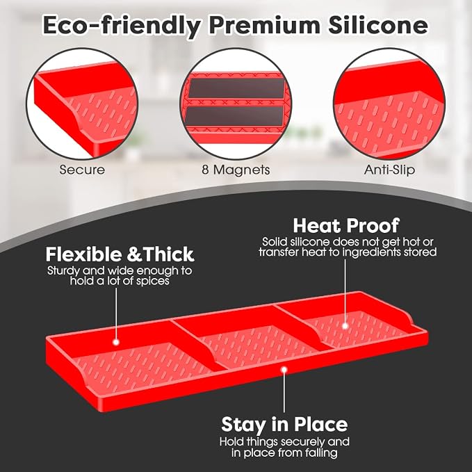 Stove Top for Shelf Silicone,30 Inch Magnetic Over the Stove Spice Rack of Shelf,Kitchen Shelf for Stove Organizer Magnet Above Stovetop Flat Back of Stove Storage Suctioned Shelf for The Stove-Red - Image 5