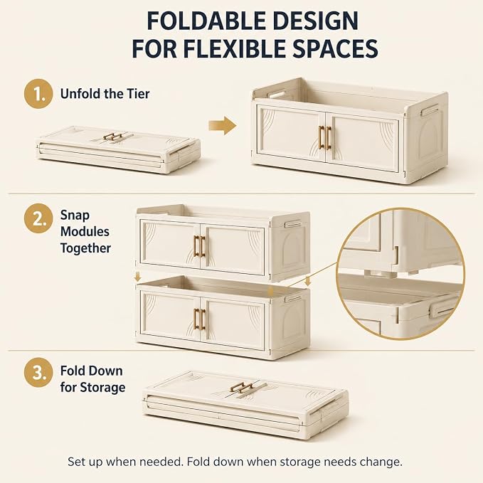 6-Tier Foldable Storage Cabinet with Doors and Locking Wheels | Tall white PP cabinet, 30 lb per tier; magnetic double doors, raised top tray, snap-fit tiers, and 360° locking wheels - Image 6