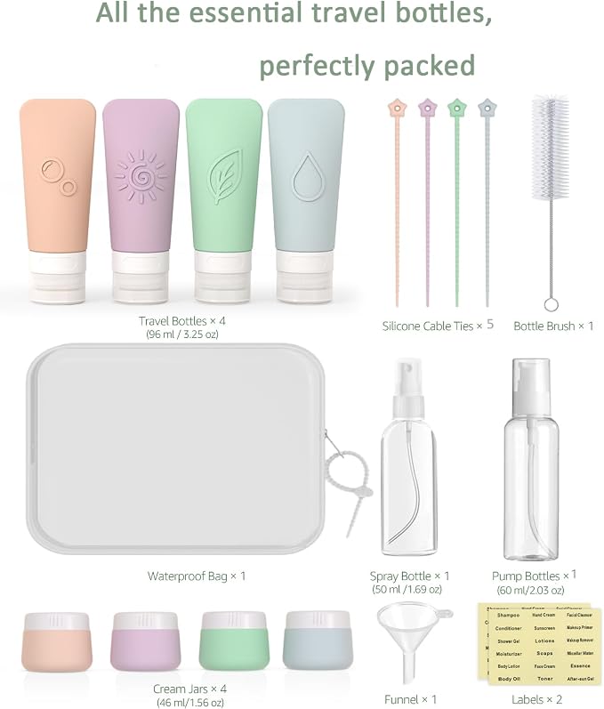 20-Piece Silicone Travel Bottles Set – TSA Approved Leakproof Toiletry Kit with Flat Easy-Squeeze Bottles, Tactile Icons, Cream Jars, Pump & Spray, Cleaning Brush | 20-Piece Silicone Bottles Set,TSA Approved Leakproof,Easy-Squeeze Bottles,Come with Pum... - Image 2