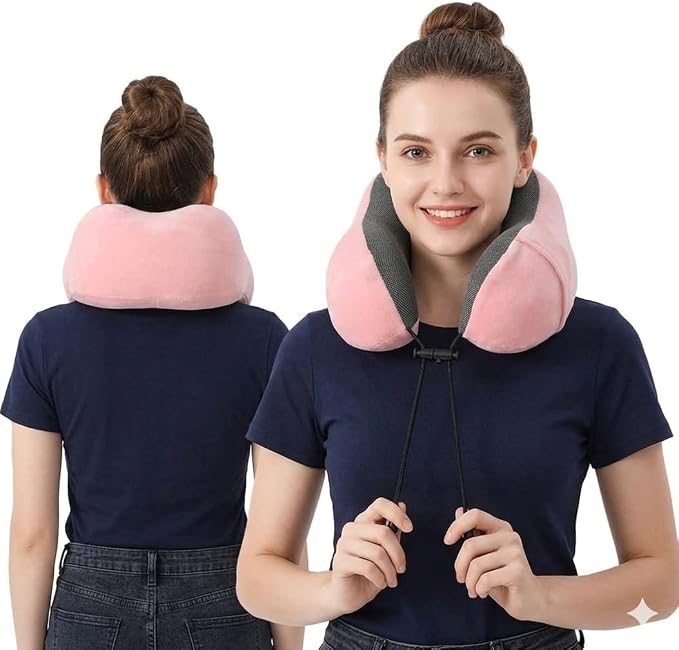 Airplane Travel Neck Pillow, 100% Memory Foam Ergonomic Neck Support, Airplanes Neck Pillow with Washable Cover Travel Essential for Flight Car & Office Includes Eye Masks, Earplugs & Carry Bag (Pink) - Image 3