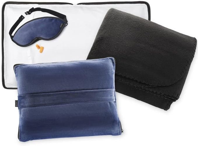 Lewis N. Clark Ultimate Comfort Set + Portable Travel Kit for Airplane, Includes Inflatable Pillow + Zippered Carrying Case, Cozy Fleece Blanket, Eye Mask for Sleeping & Foam Ear Plugs, Navy by LewisNClark