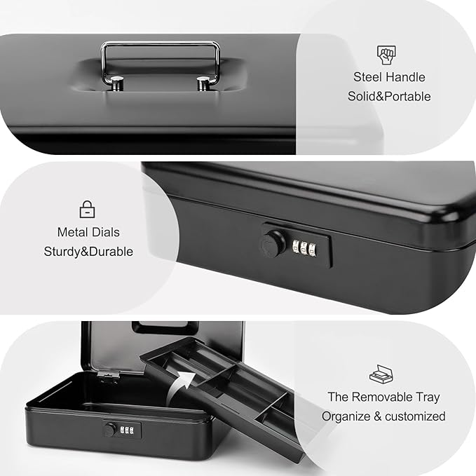 Jssmst X- Large Cash Box with Combination Lock - Durable Metal Cash Box with Money Tray, Black, 11.81 x 9.84 x 3.46 inches, CB0701XLN - Image 4