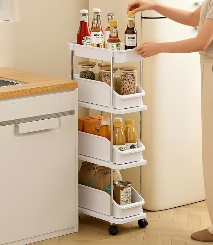 Slim Storage Cart 4 Tier Slim Rolling Utility Cart with Pull-Out Baskets & Wheels for Narrow Space in Kitchen Dining Room Bathroom Laundry Room Cream White (Width 6.3 Inches) - Image 6